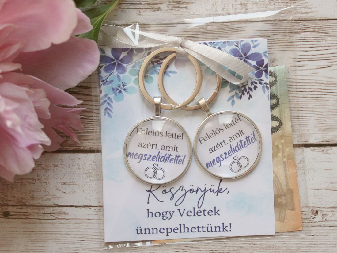 Esküvőre nászpénzt tartó kártya kulcstartóval (kék felirat)